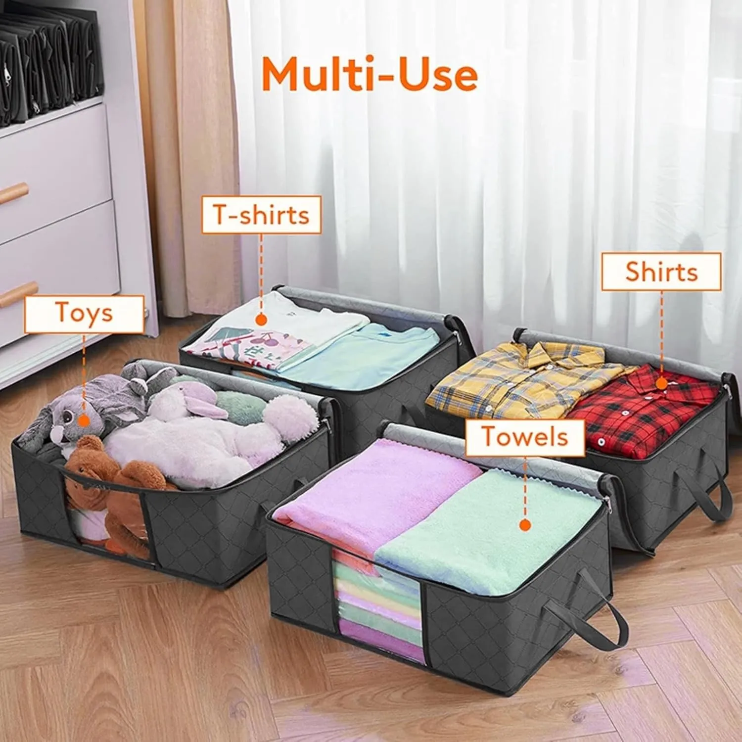 Collapsible Storage Bins with Lids - 60L Foldable Closet Organizers&Under Bed Storage Containers, 6-Pack Heavy-Duty Home Storage Boxes for Clothes, Blankets,Bedding,RV,orRoom Organization