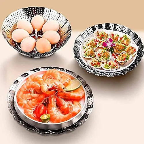 Collapsible Vegetable Steamer - Stainless Steel Basket for Instant Steam Pot for Veggie Fish Seafood Perforated Folding Steamers Insert Rack Metal Adjustable Tray Expandable Bowl for Food Cooking