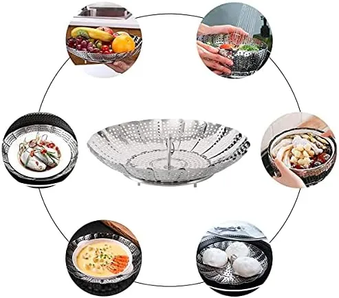 Collapsible Vegetable Steamer - Stainless Steel Basket for Instant Steam Pot for Veggie Fish Seafood Perforated Folding Steamers Insert Rack Metal Adjustable Tray Expandable Bowl for Food Cooking