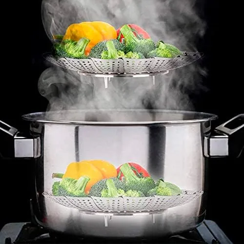 Collapsible Vegetable Steamer - Stainless Steel Basket for Instant Steam Pot for Veggie Fish Seafood Perforated Folding Steamers Insert Rack Metal Adjustable Tray Expandable Bowl for Food Cooking