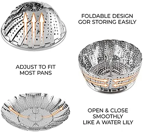 Collapsible Vegetable Steamer - Stainless Steel Basket for Instant Steam Pot for Veggie Fish Seafood Perforated Folding Steamers Insert Rack Metal Adjustable Tray Expandable Bowl for Food Cooking