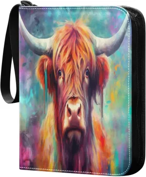 Colorful Highland Cow Card Binder 4-Pocket, 400 Pockets Trading Cards Holder Games Card Albums Storage Organizer Case for Football, Baseball Cards