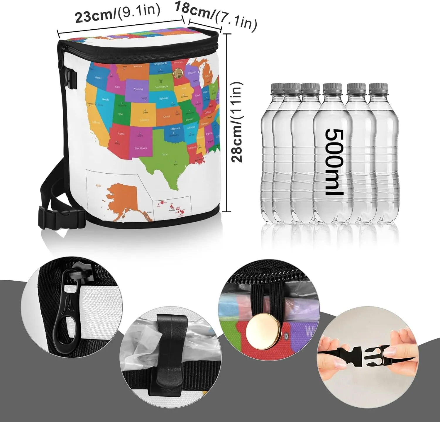 Colorful USA Map with States and Capital Cities on White Spill-Proof Car Trash Can Organizer Hanging Large Auto Garbage Storage Bag Bin with Big Opening Lid Leakproof Waste Basket