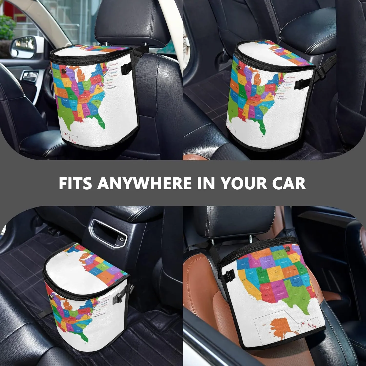 Colorful USA Map with States and Capital Cities on White Spill-Proof Car Trash Can Organizer Hanging Large Auto Garbage Storage Bag Bin with Big Opening Lid Leakproof Waste Basket