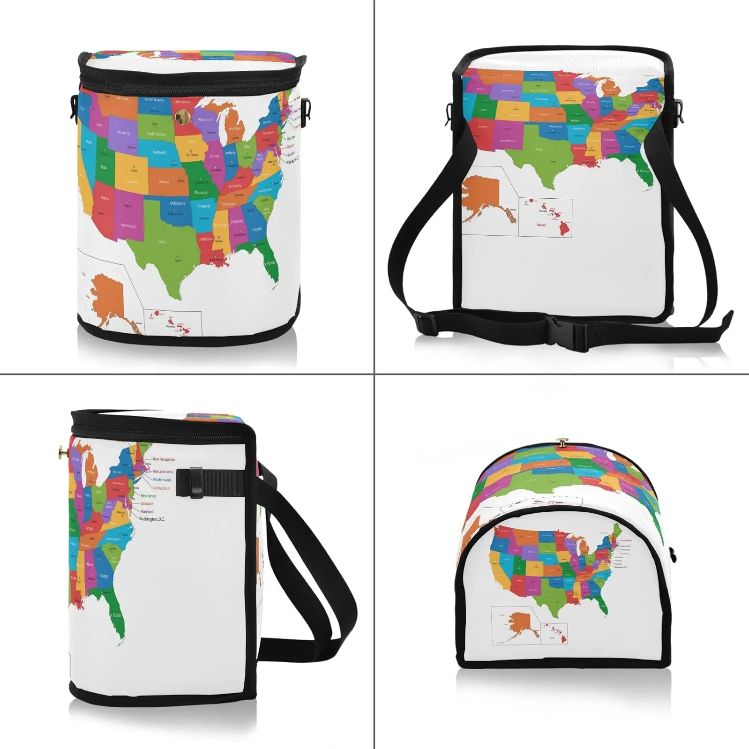 Colorful USA Map with States and Capital Cities on White Spill-Proof Car Trash Can Organizer Hanging Large Auto Garbage Storage Bag Bin with Big Opening Lid Leakproof Waste Basket