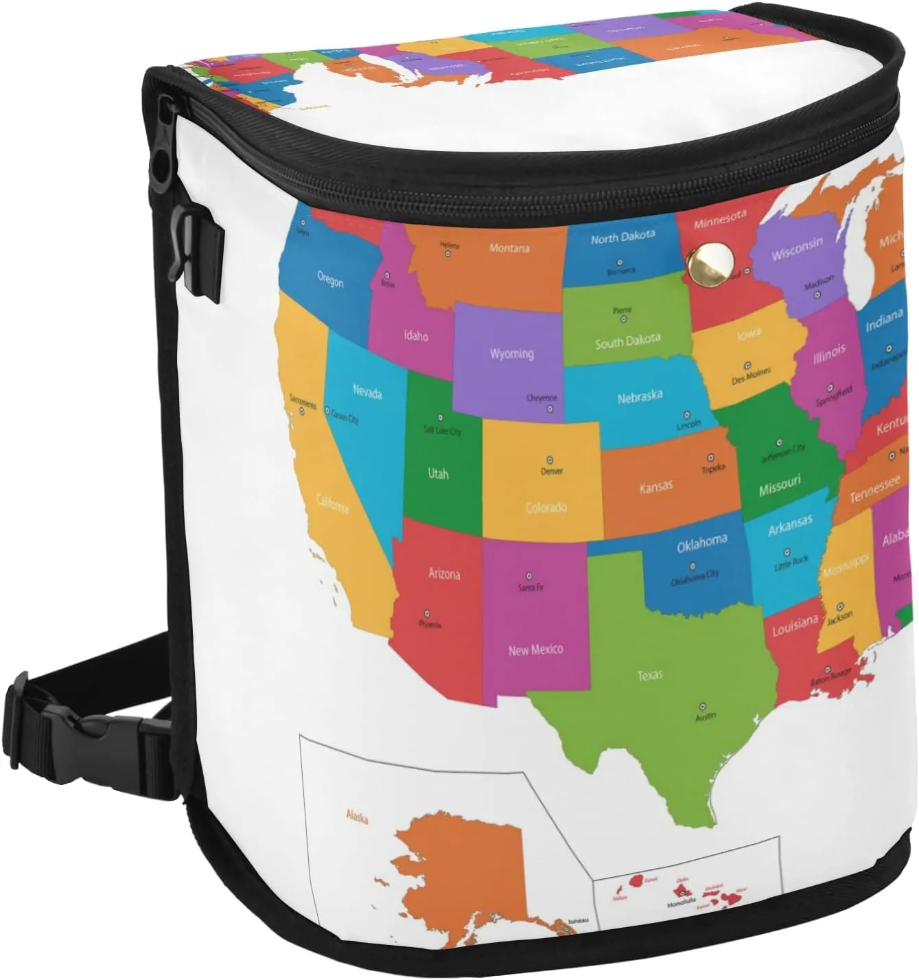 Colorful USA Map with States and Capital Cities on White Spill-Proof Car Trash Can Organizer Hanging Large Auto Garbage Storage Bag Bin with Big Opening Lid Leakproof Waste Basket