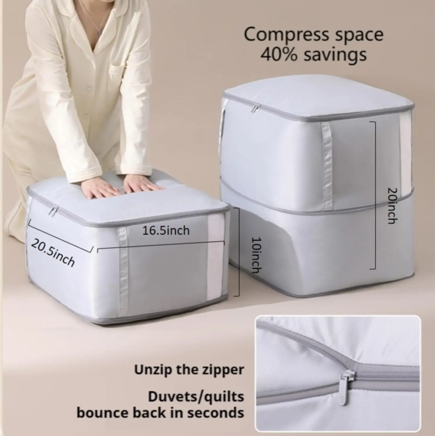 Comforter Storage Bag, Blanket Storage Bag, Large Capacity Ultra Space Saving Self Compression Organizer,2 Pack Washable Zippered Compression Bag for Storage Comforter Blanket