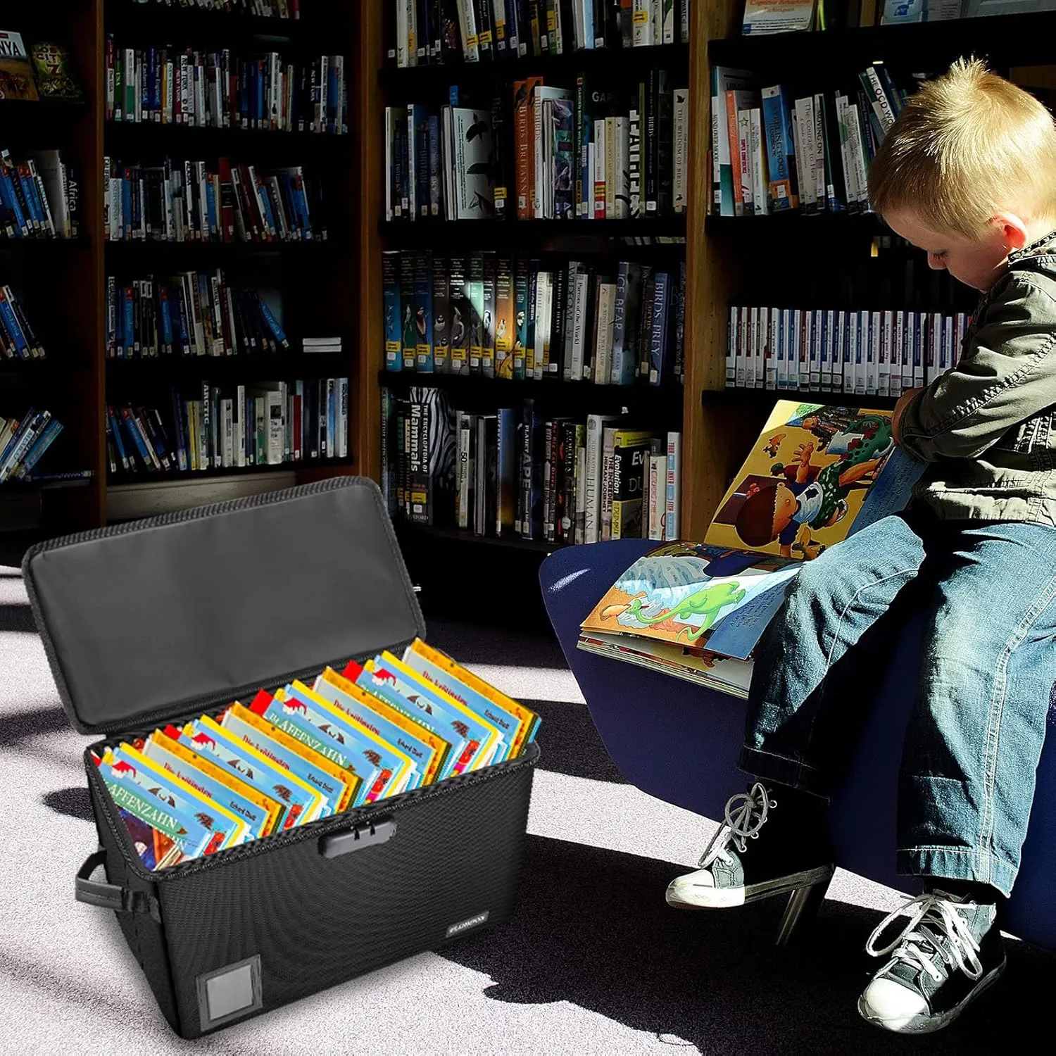 Comic Book Storage Box, ELOBOON Fireproof & Water-Resistant Comic Book Box with Lock and Label Window, Moistureproof Comic Short Box with Fire Zipper Holds 150-175 Comics, Comic Book Bin Black