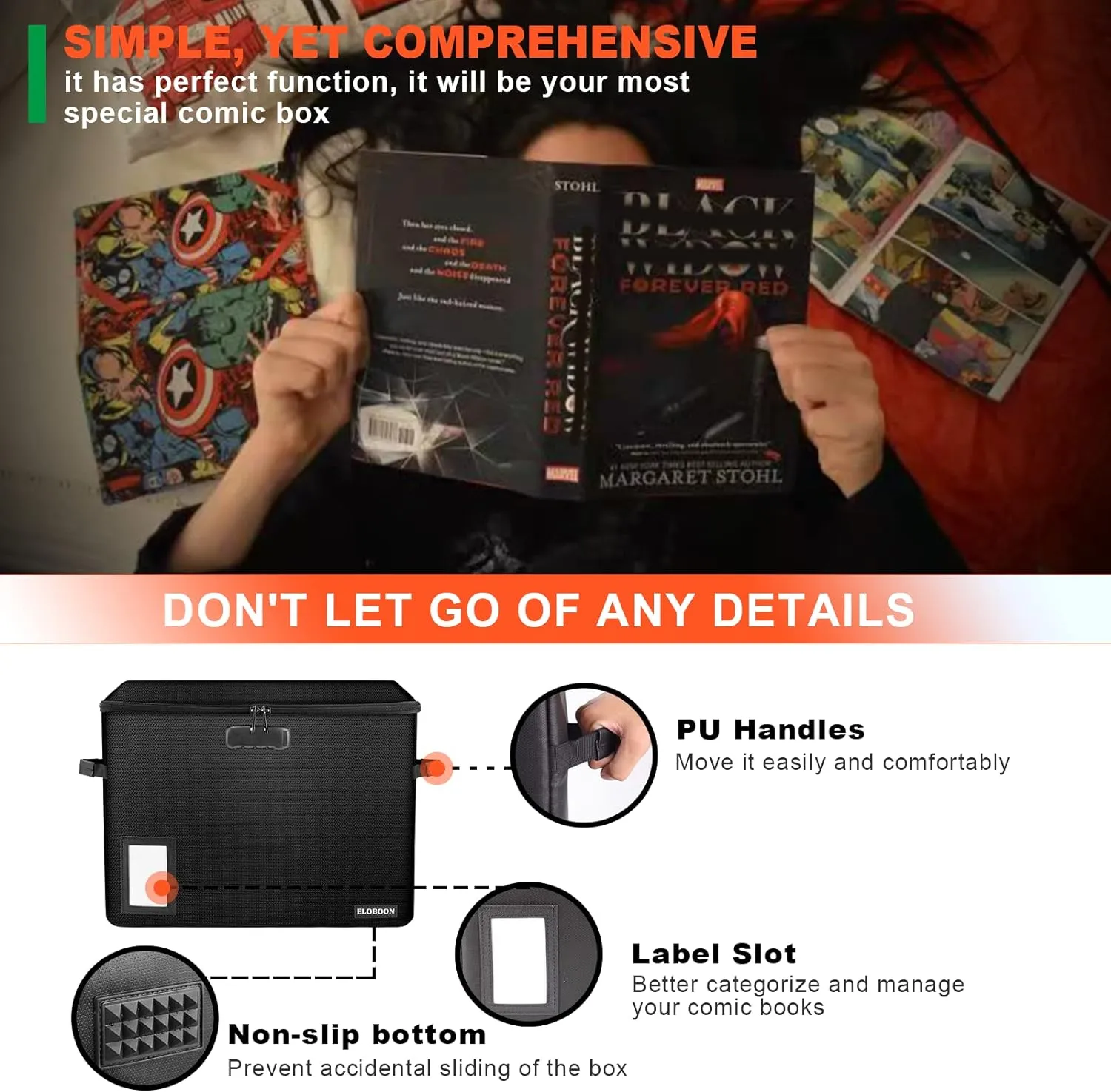 Comic Book Storage Box, ELOBOON Fireproof & Water-Resistant Comic Book Box with Lock and Label Window, Moistureproof Comic Short Box with Fire Zipper Holds 150-175 Comics, Comic Book Bin Black