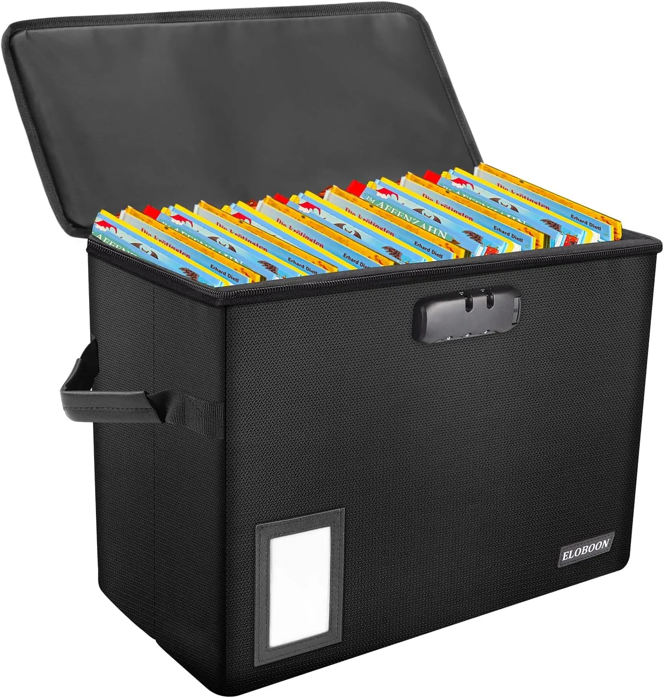 Comic Book Storage Box, ELOBOON Fireproof & Water-Resistant Comic Book Box with Lock and Label Window, Moistureproof Comic Short Box with Fire Zipper Holds 150-175 Comics, Comic Book Bin Black