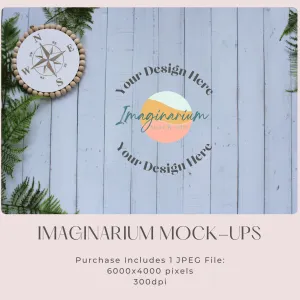 Compass and Ferns Light Wood Floor Woodland Digital Flatlay Background