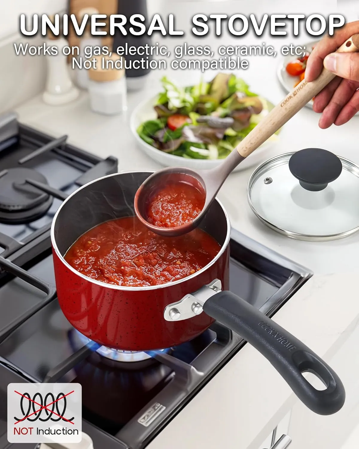 Cook N Home Non Stick Sauce Pan, 1 Quart Saucepan with Glass Lid, Nonstick Small Multi-purpose Pot, Milk Chocolate Aluminum Cooking Pot Pan with Stay-Cool Handle, Marble Red
