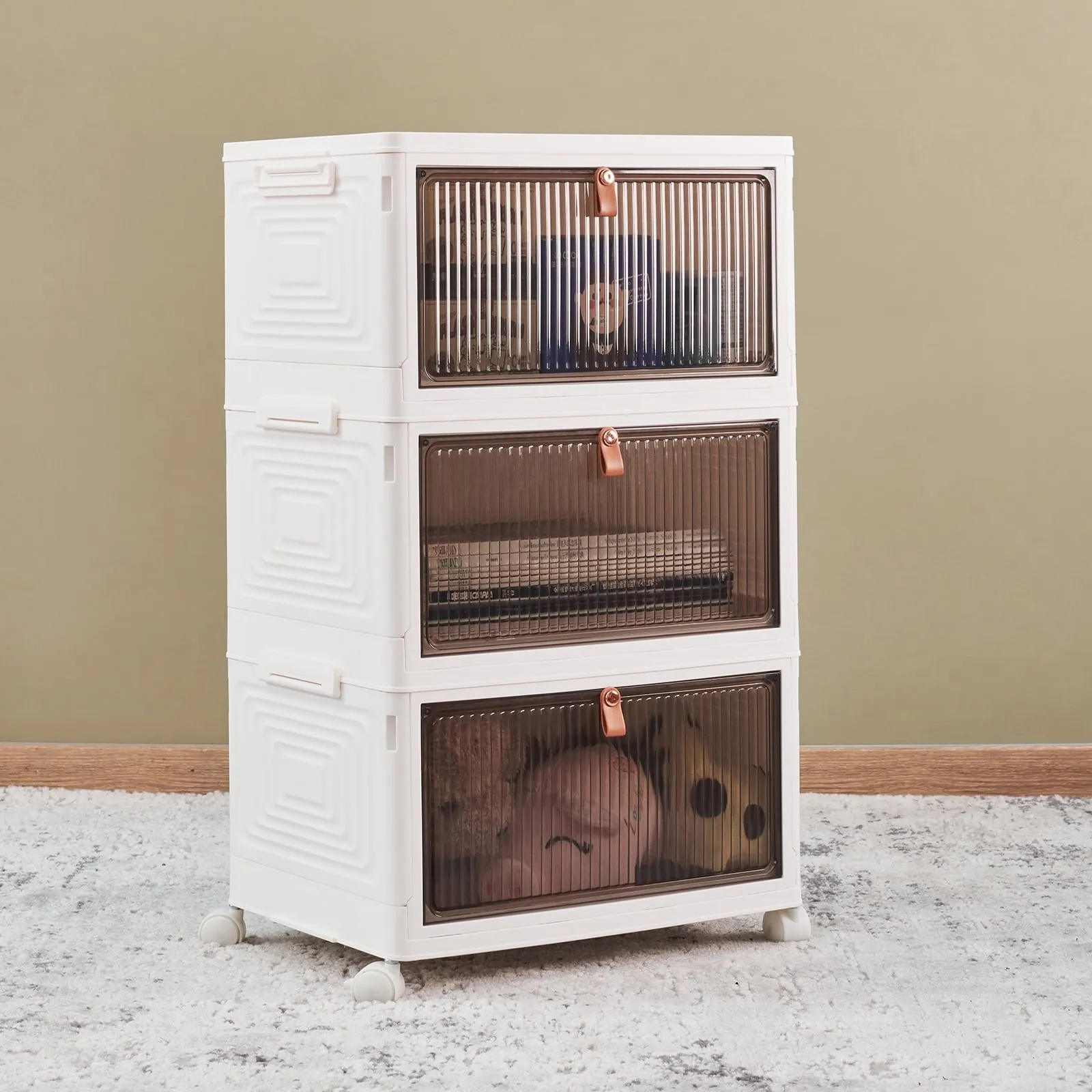 COOKCOK 3 Tier Foldable Storage Box, Plastic Drawers with lids Storage Organizer Containers for Bedroom, Toys Room, Kitchen, Office, Stackable Storage Bins with Wheels