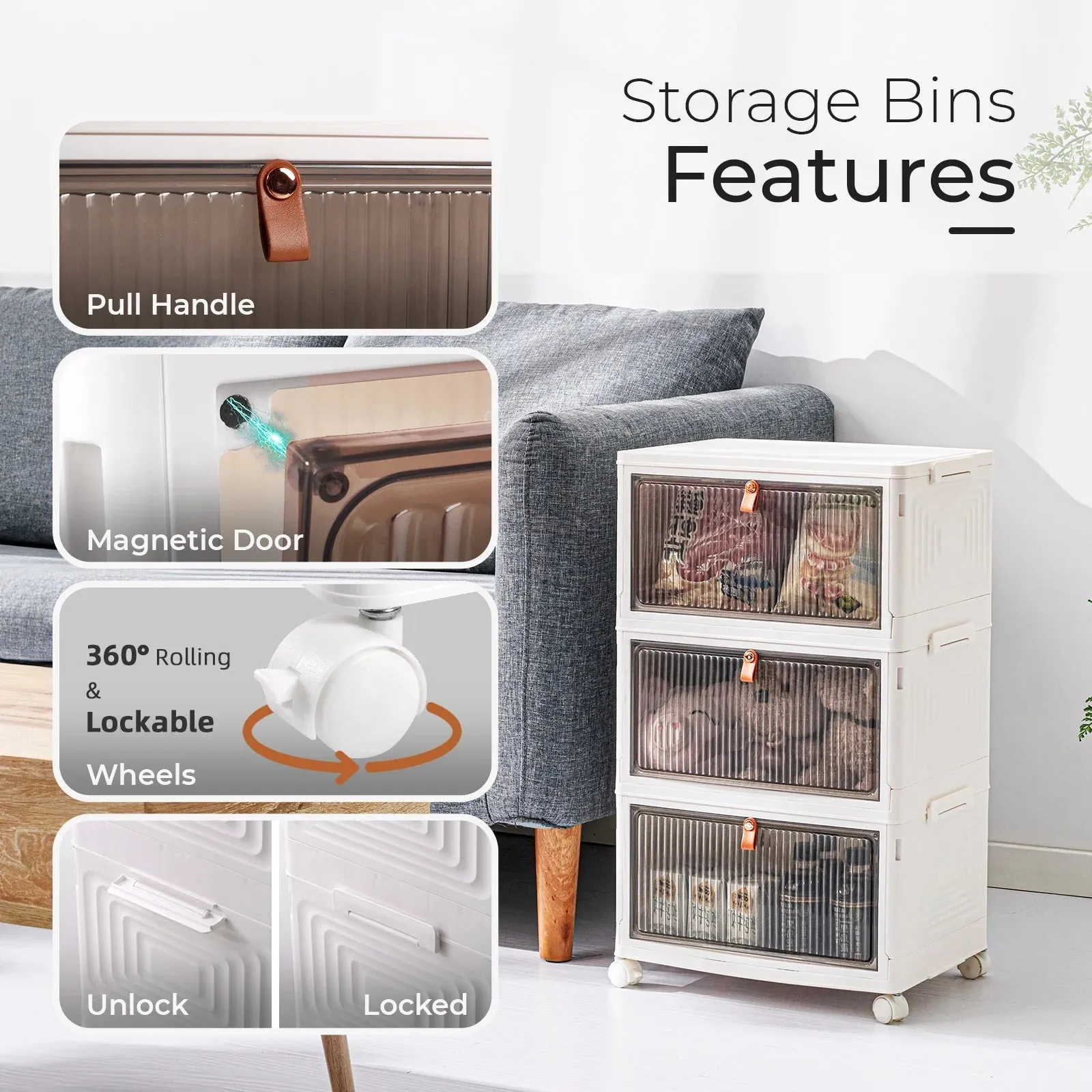 COOKCOK 3 Tier Foldable Storage Box, Plastic Drawers with lids Storage Organizer Containers for Bedroom, Toys Room, Kitchen, Office, Stackable Storage Bins with Wheels