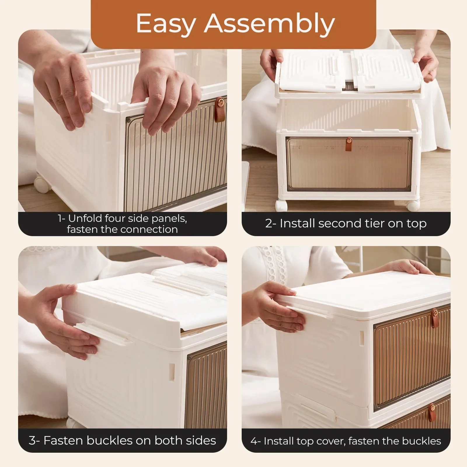 COOKCOK 3 Tier Foldable Storage Box, Plastic Drawers with lids Storage Organizer Containers for Bedroom, Toys Room, Kitchen, Office, Stackable Storage Bins with Wheels
