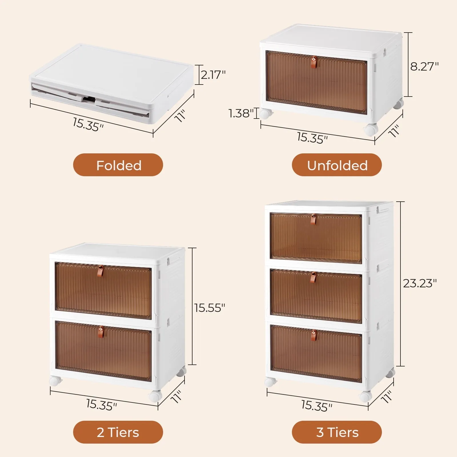 COOKCOK 3 Tier Foldable Storage Box, Plastic Drawers with lids Storage Organizer Containers for Bedroom, Toys Room, Kitchen, Office, Stackable Storage Bins with Wheels