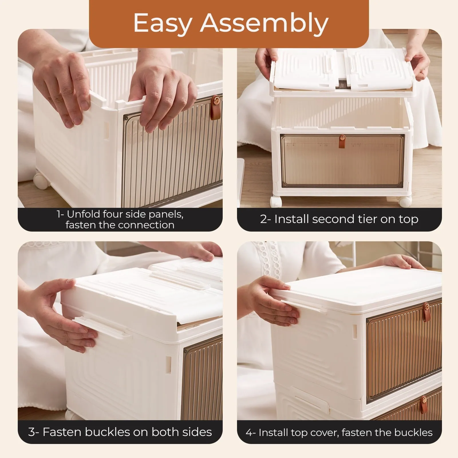 COOKCOK 3 Tier Foldable Storage Box, Plastic Drawers with lids Storage Organizer Containers for Bedroom, Toys Room, Kitchen, Office, Stackable Storage Bins with Wheels