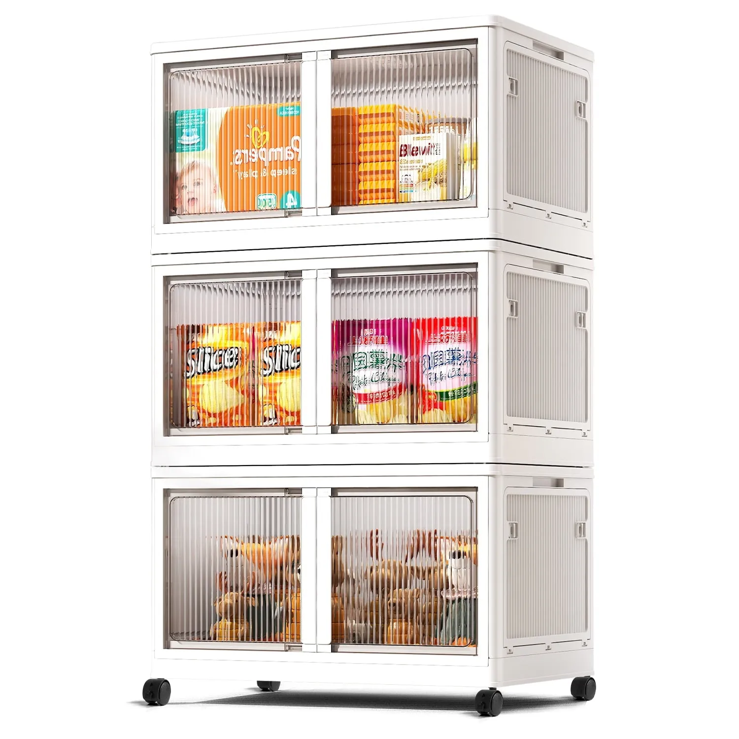 COOKCOK Storage Bins with Lids, Foldable Plastic Storage Container with Door, 3 Pack Stackable Collapsible Storage Bins for Closet Organizers and Storage, Secure Lock, 18.7"x 13.2"x 28.3"