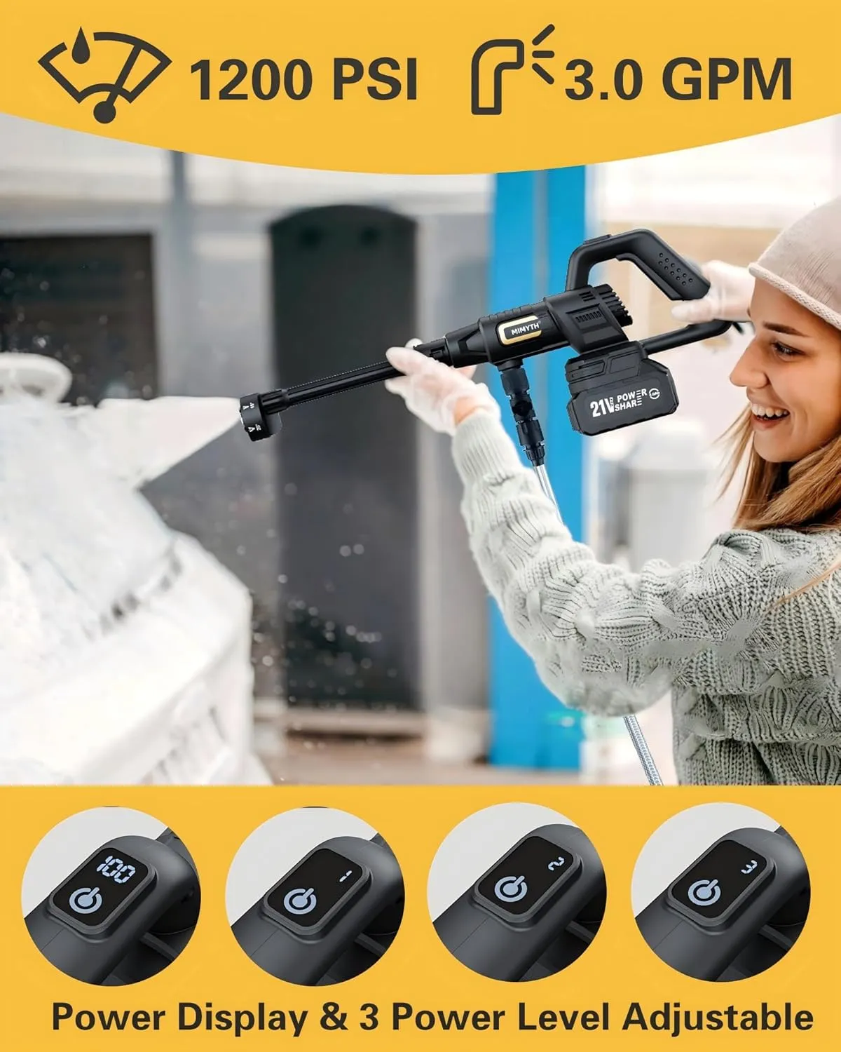 Cordless Pressure Washer Battery Powered; 1200PSI Cordless Power Washer with Brushless Motor, 4.0Ah Battery,6-in-1 Nozzle, 3 Power Level Adjustable; Handheld Portable Pressure Washer Cordless for Cars