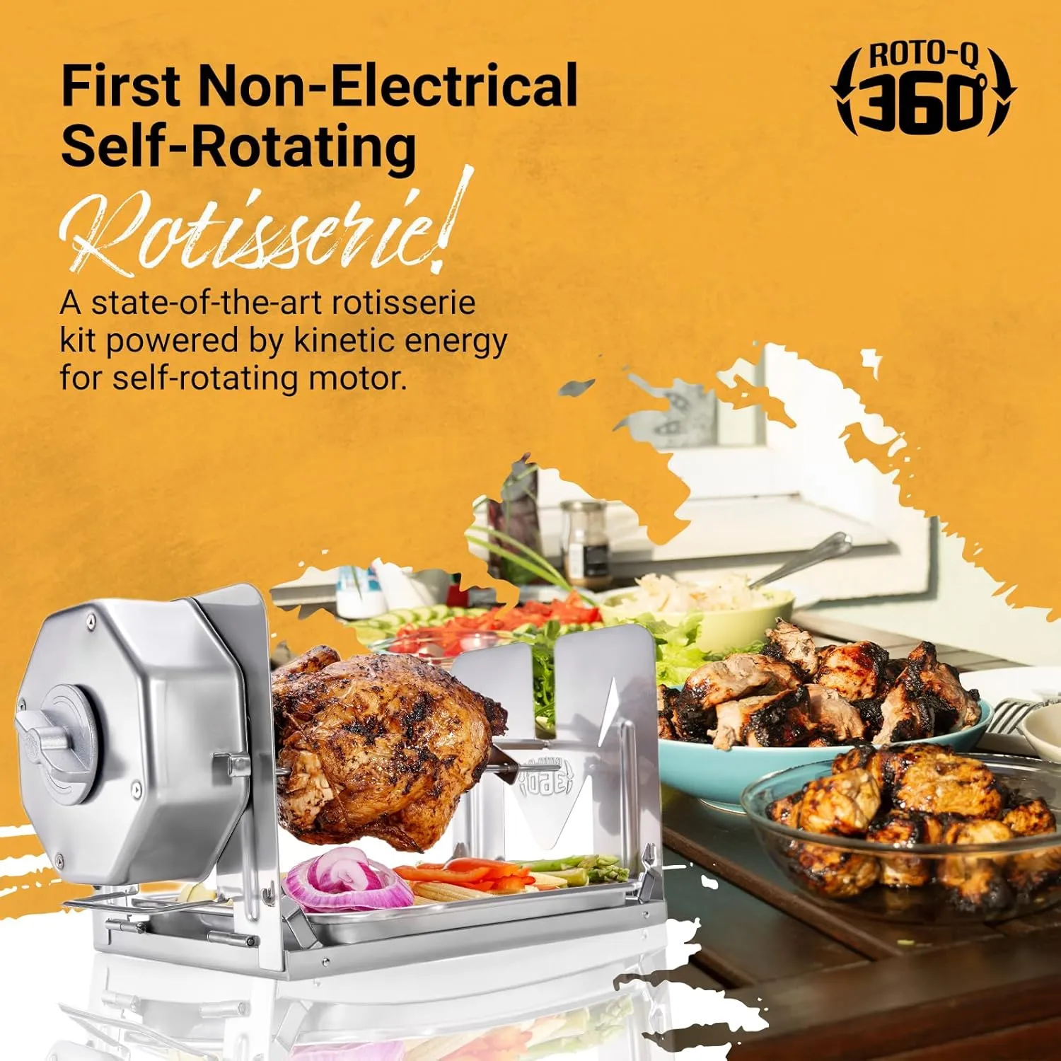 Cordless Universal Rotisserie Kit for Grills Ovens and Smokers - Non-Electric Wind-up Spit Roaster, Gas or Charcoal BBQ - Indoor/Outdoor (Stainless Steel)