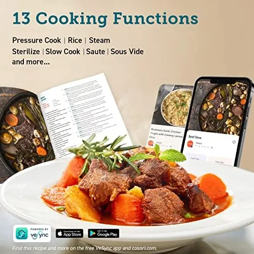 COSORI Pressure Cooker 6 qt, 9-in-1 Instant Multi Kitchen Appliances, Safer Venting Design, Rice Cooker, Slow Cooking Pot, Sous Vide, Saute Pot, 1100W, Stainless Steel