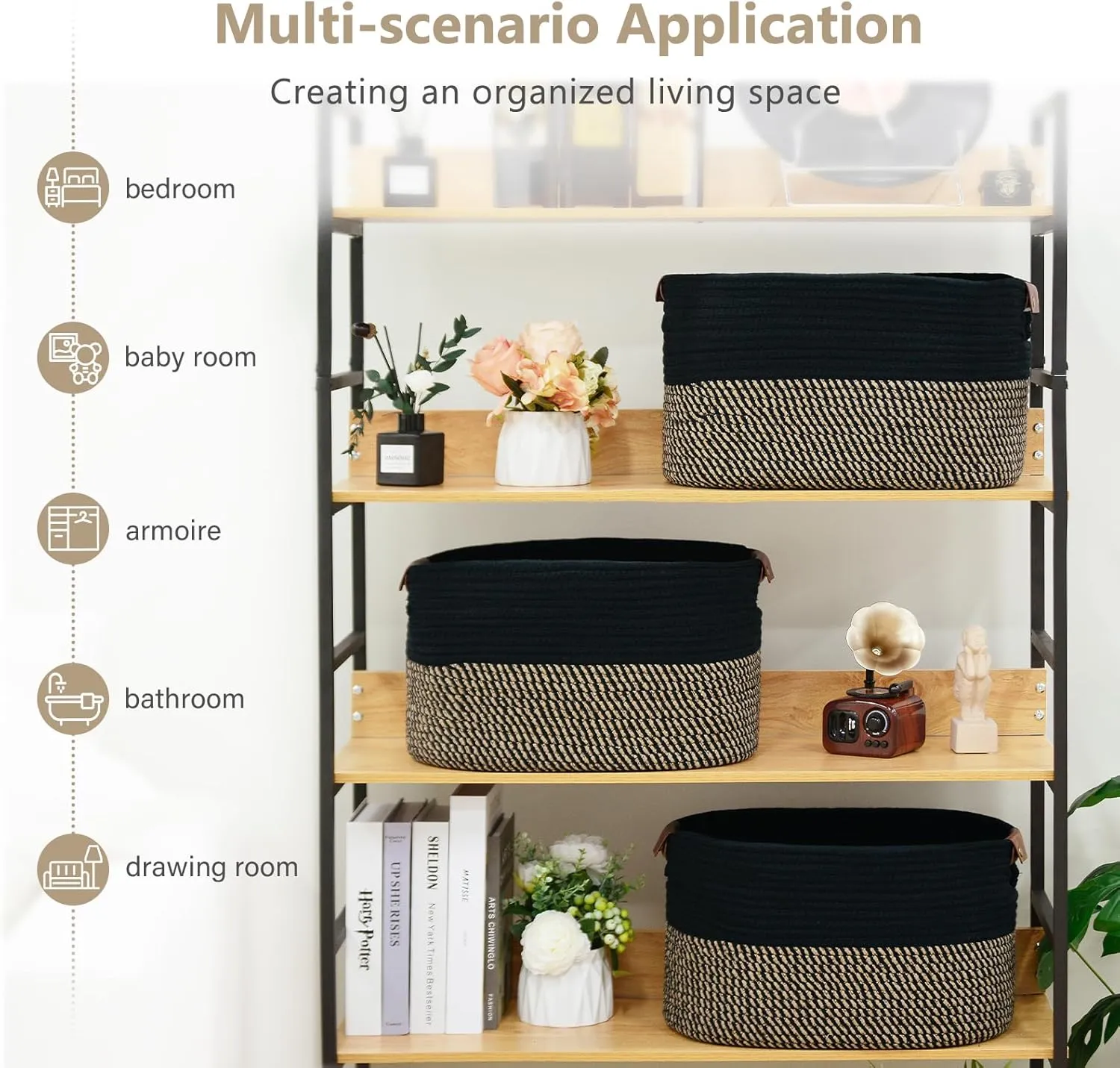 Cotton Rope Basket , Storage Baskets with Handle, 15x10x9 Inch Woven Basket for Shelves, Laundry, Towels, Clothes, Books, Toys (Black Brown 1 Pack)
