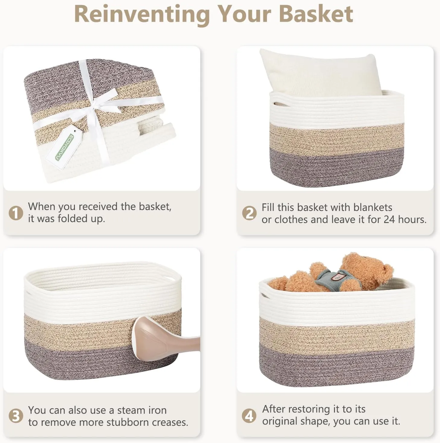 Cotton Rope Basket , Storage Baskets with Handle, 15x10x9 Inch Woven Basket for Shelves, Laundry, Towels, Clothes, Books, Toys (Black Brown 1 Pack)