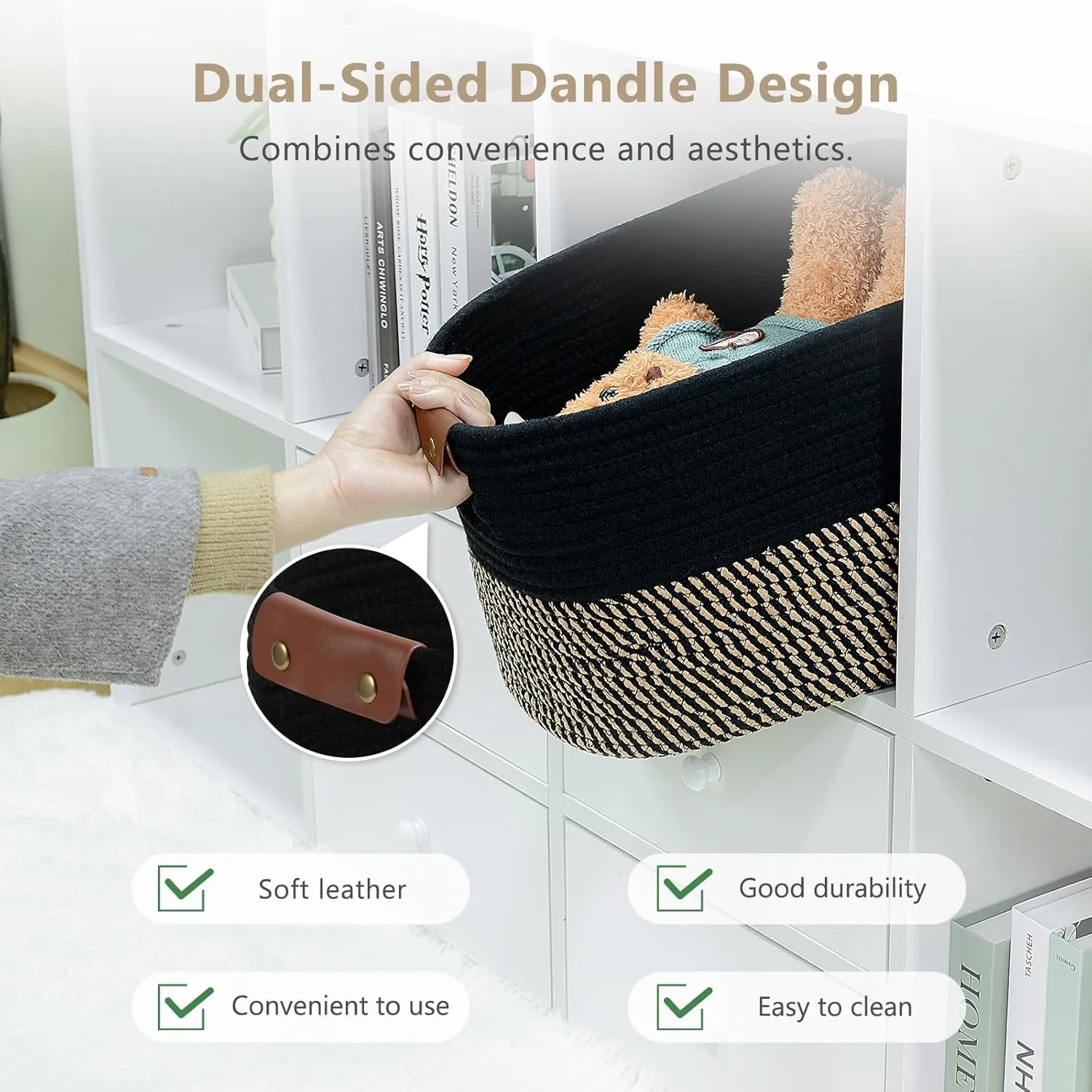 Cotton Rope Basket , Storage Baskets with Handle, 15x10x9 Inch Woven Basket for Shelves, Laundry, Towels, Clothes, Books, Toys (Black Brown 1 Pack)