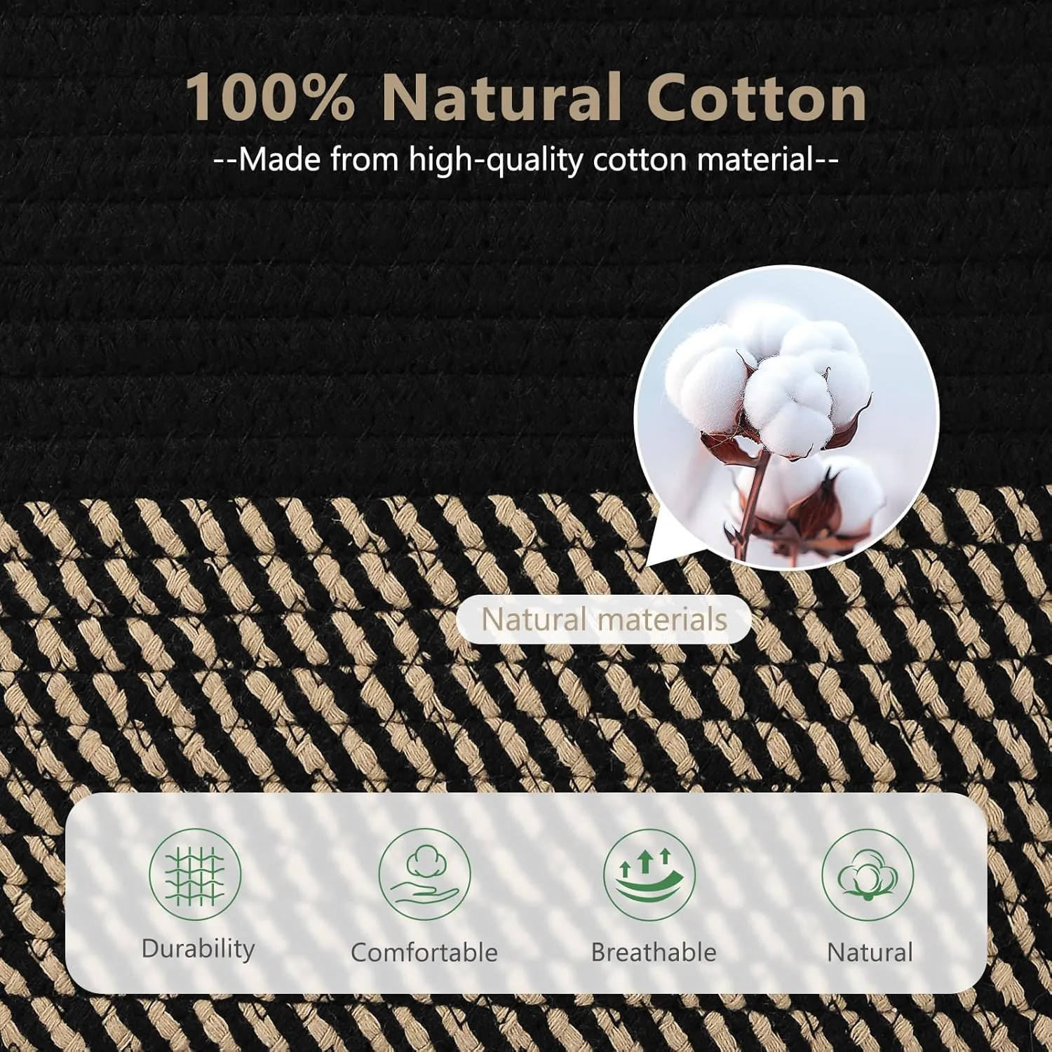Cotton Rope Basket , Storage Baskets with Handle, 15x10x9 Inch Woven Basket for Shelves, Laundry, Towels, Clothes, Books, Toys (Black Brown 1 Pack)