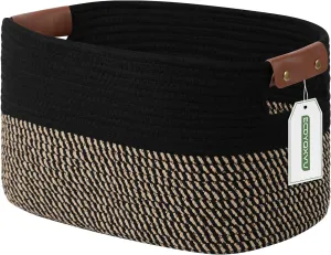 Cotton Rope Basket , Storage Baskets with Handle, 15x10x9 Inch Woven Basket for Shelves, Laundry, Towels, Clothes, Books, Toys (Black Brown 1 Pack)