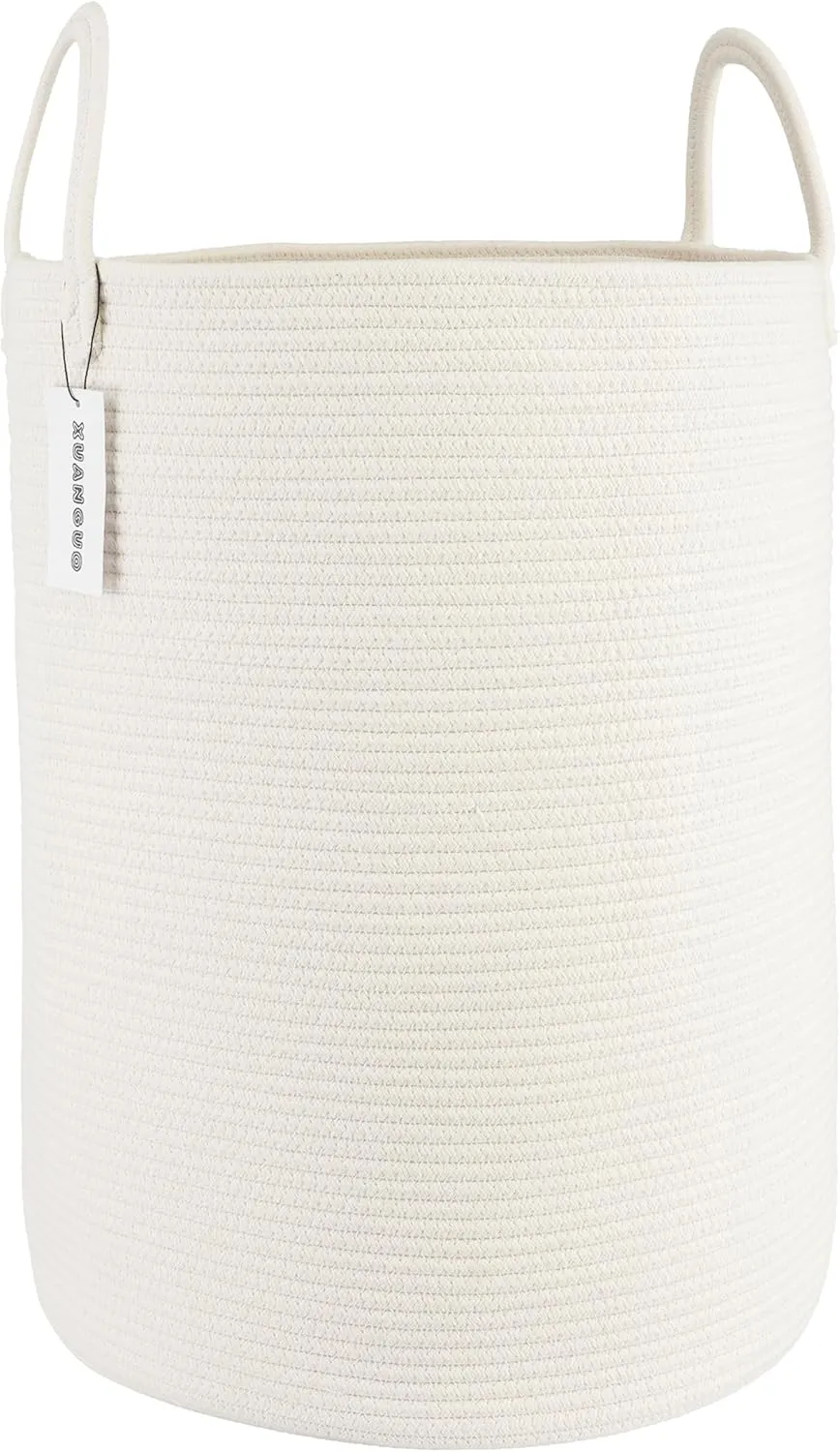 Cotton Rope Laundry Basket Hamper for Clothes Woven Storage Basket for Living Room Bedroom Boho Tall Rope Baskets for Blanket Toys Pillow Towels Baby Nursery Hamper Bin Large white
