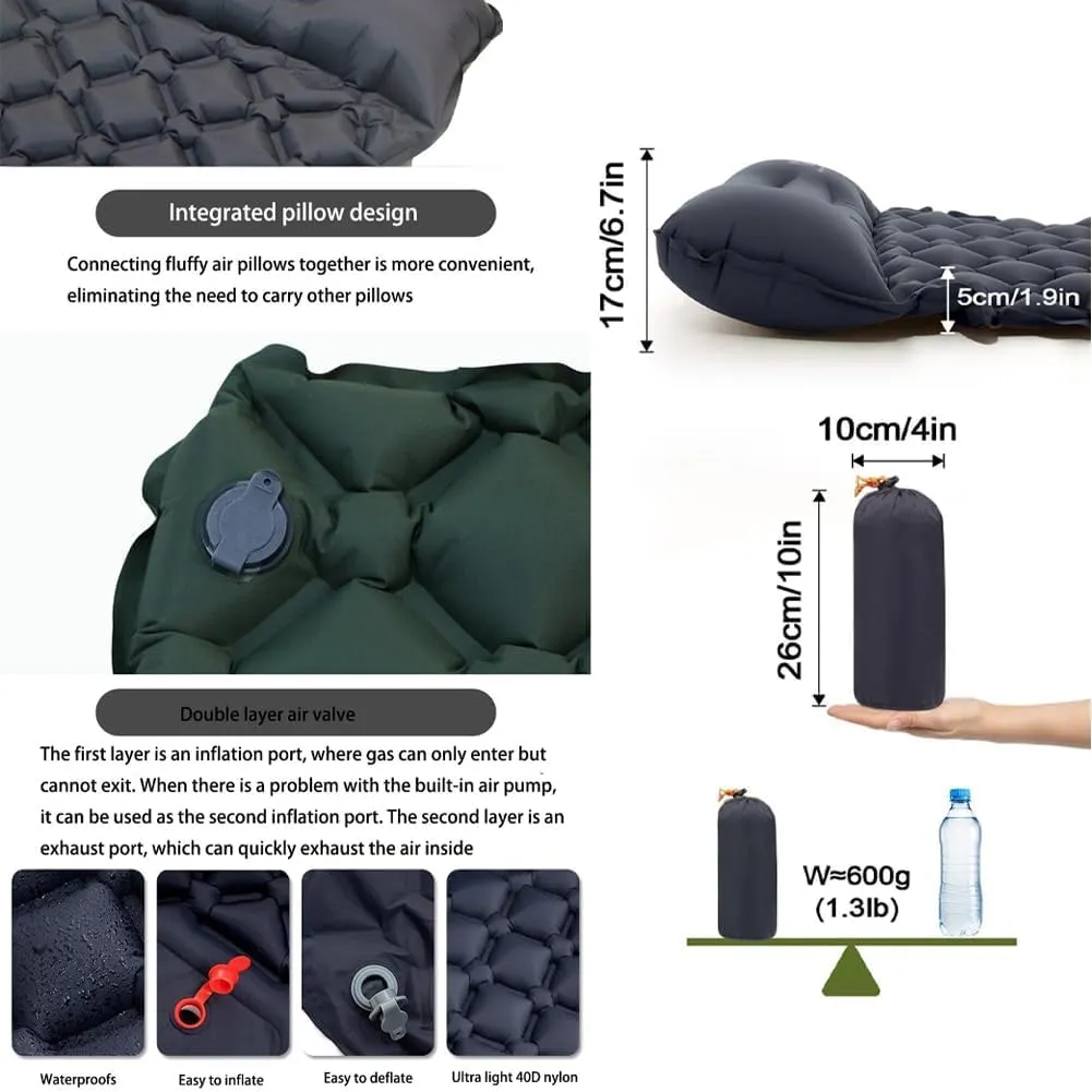 Coziya Matelas, 5cm Ultralight Inflatable Camping Mattress, Portable Waterproof Sleeping Pad with Built-in Pillow & Anti-Slip Design for Backpacking, Hiking, Travel (Grey)