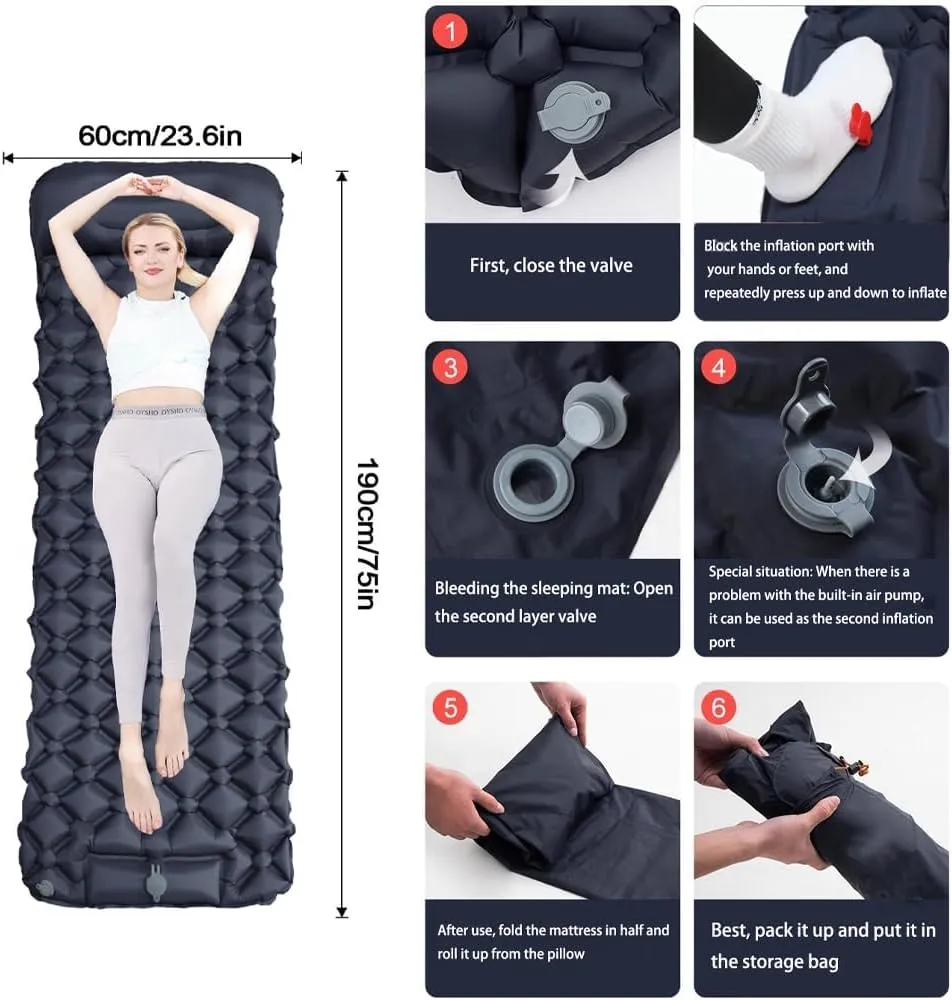 Coziya Matelas, 5cm Ultralight Inflatable Camping Mattress, Portable Waterproof Sleeping Pad with Built-in Pillow & Anti-Slip Design for Backpacking, Hiking, Travel (Grey)