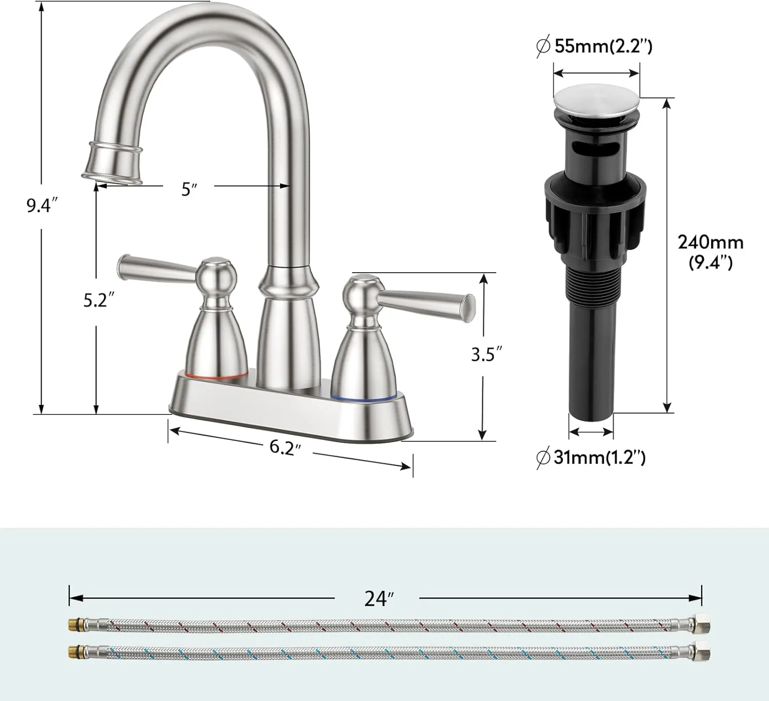 CREA 4 Inch Centerset Bathroom Faucet 3 Holes,Double Handles 360°Swivel Bathroom Faucets with Pop Up Drain,Brushed Nickel Vanity Basin Mix Tap(cPUC Line)