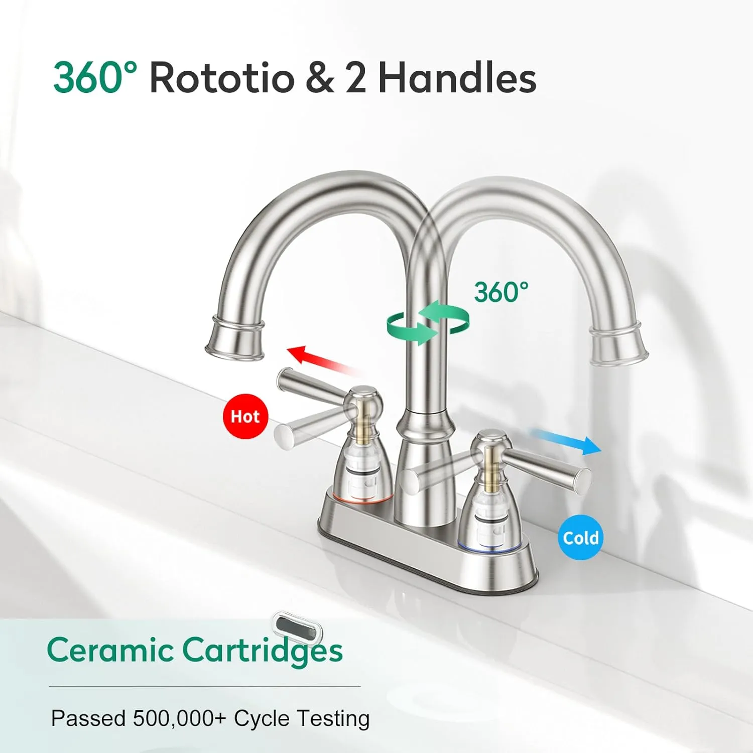 CREA 4 Inch Centerset Bathroom Faucet 3 Holes,Double Handles 360°Swivel Bathroom Faucets with Pop Up Drain,Brushed Nickel Vanity Basin Mix Tap(cPUC Line)