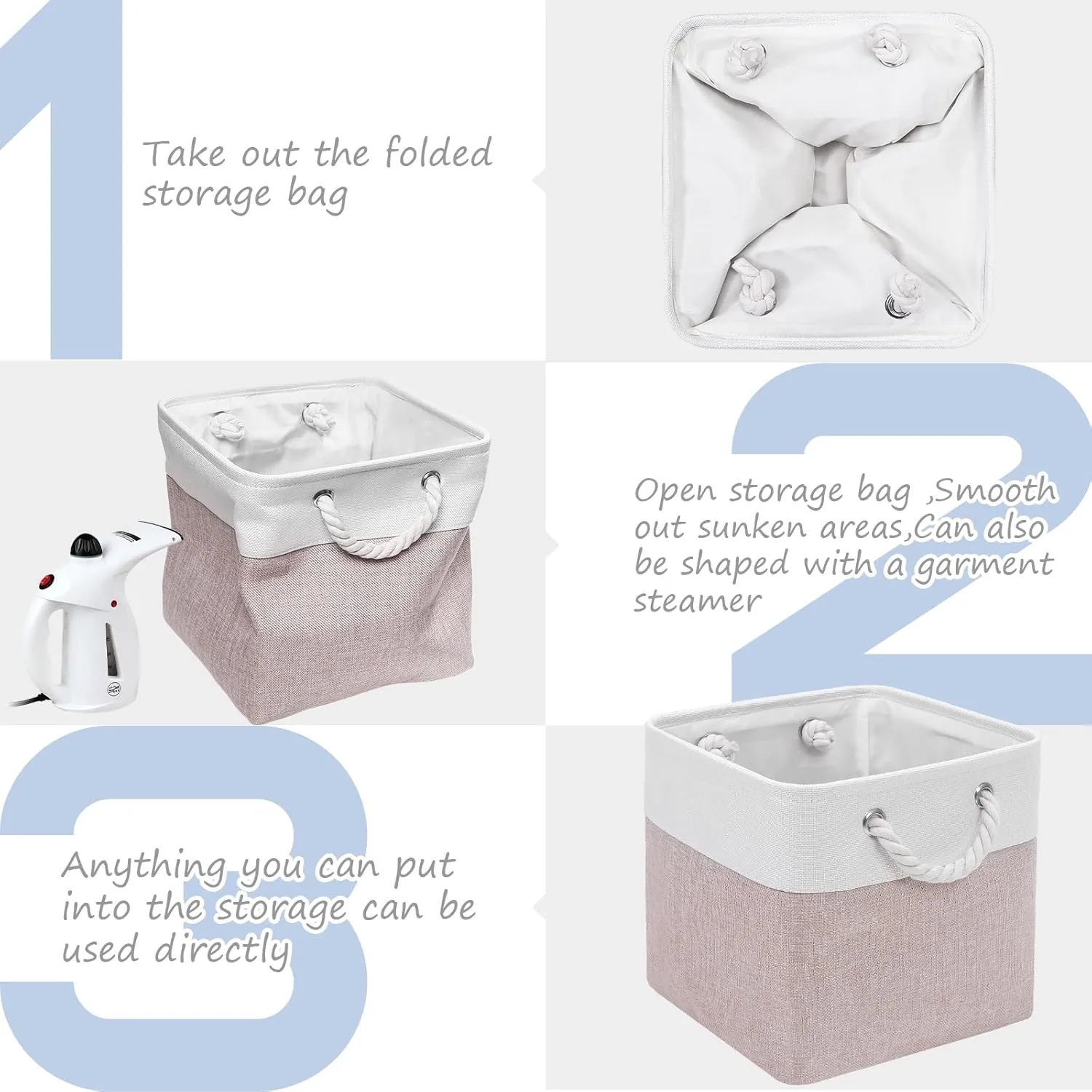 Cube Storage Bins, 6 Pack 11x11 inch with Cotton Handles for Closet, Shelves, Clothes, Toys, Towel (White/Pink)