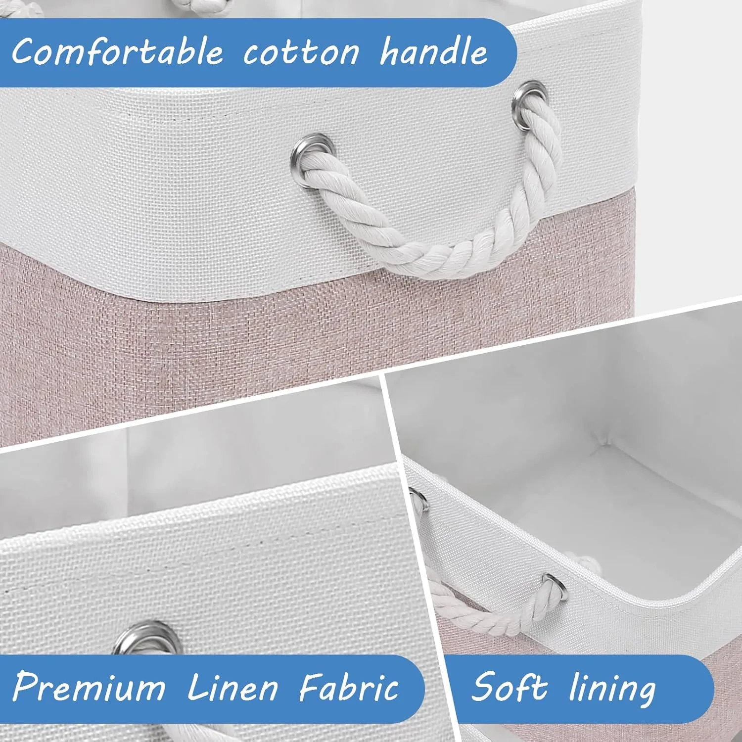 Cube Storage Bins, 6 Pack 11x11 inch with Cotton Handles for Closet, Shelves, Clothes, Toys, Towel (White/Pink)