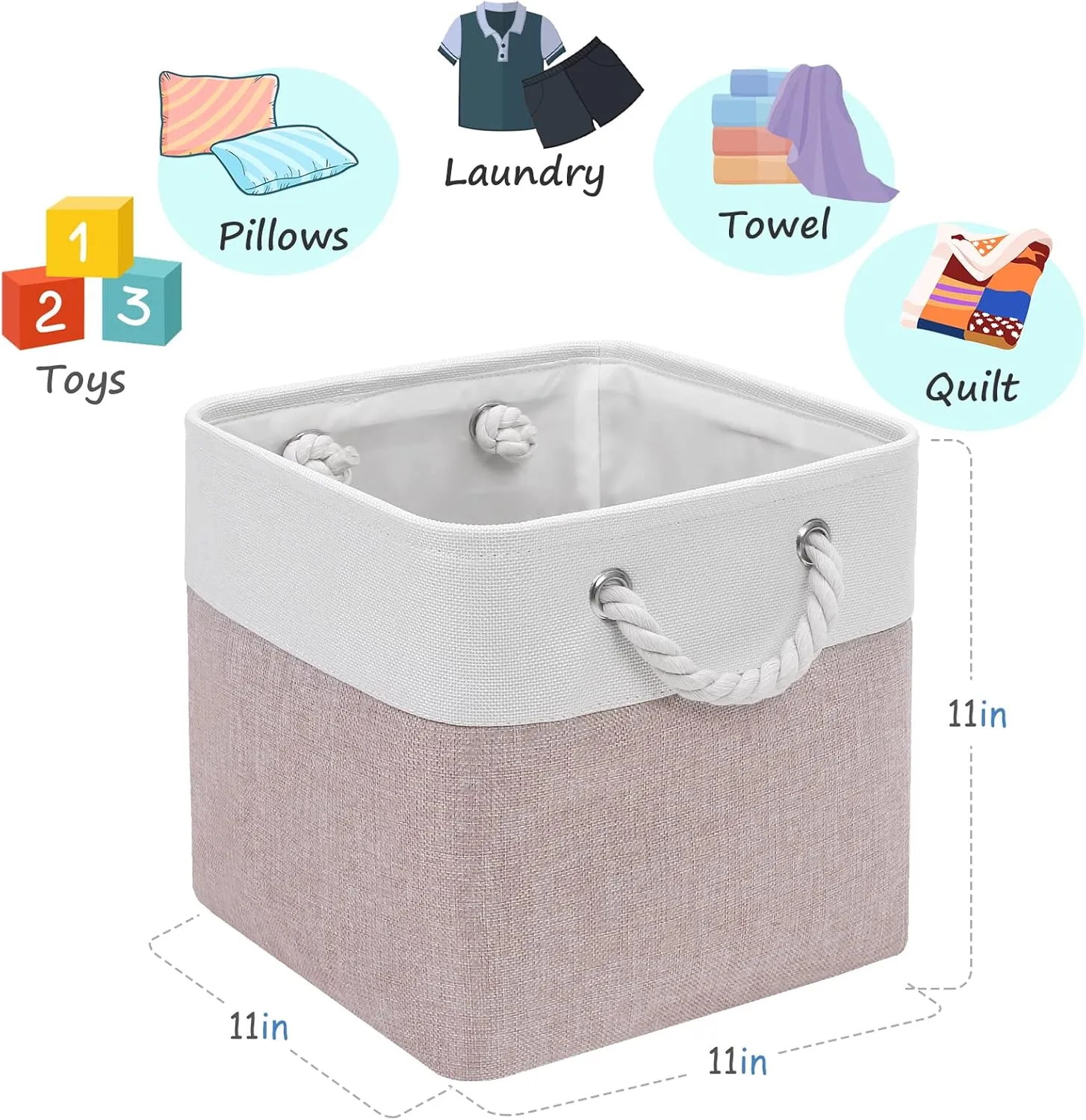 Cube Storage Bins, 6 Pack 11x11 inch with Cotton Handles for Closet, Shelves, Clothes, Toys, Towel (White/Pink)