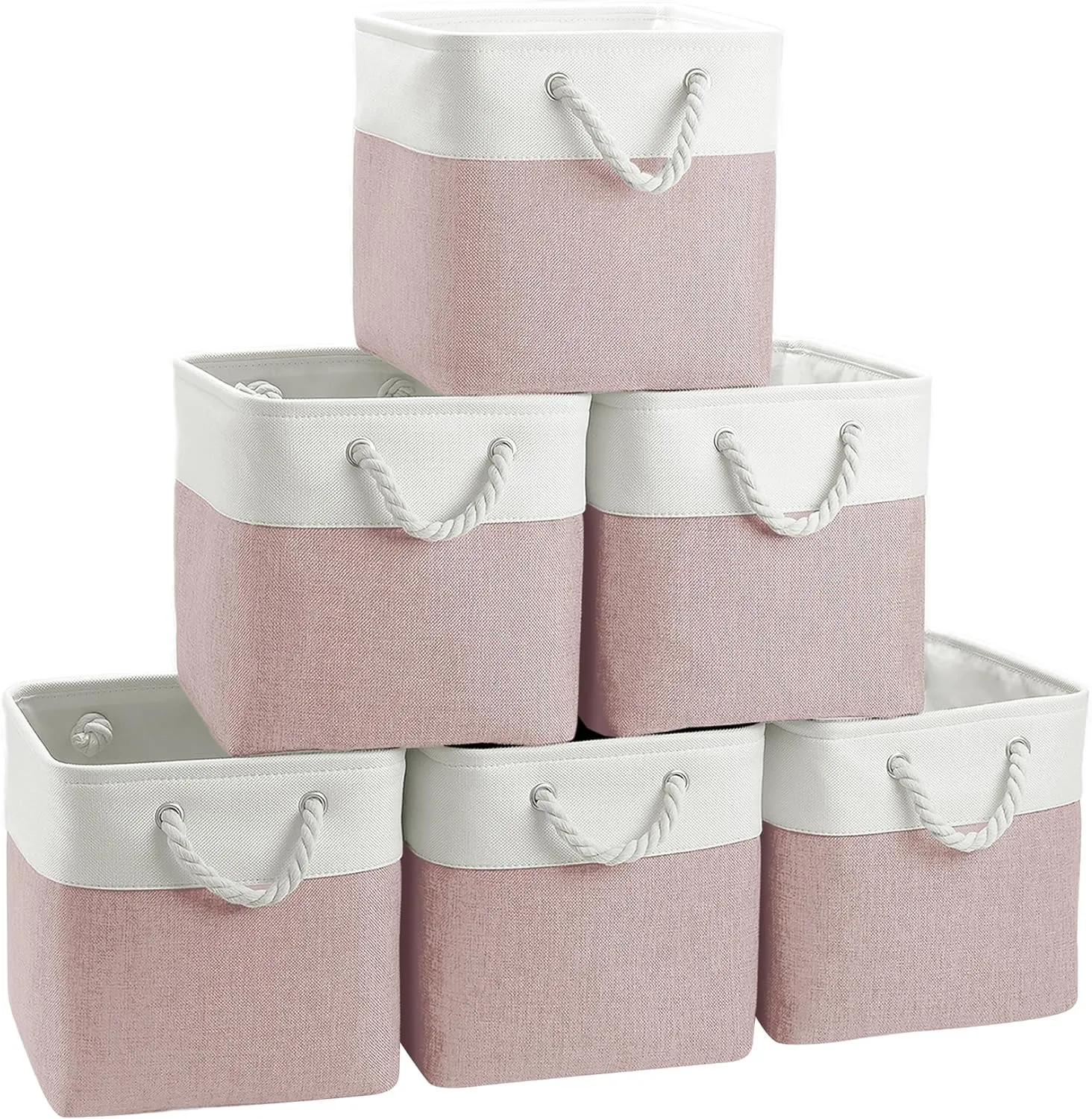 Cube Storage Bins, 6 Pack 11x11 inch with Cotton Handles for Closet, Shelves, Clothes, Toys, Towel (White/Pink)