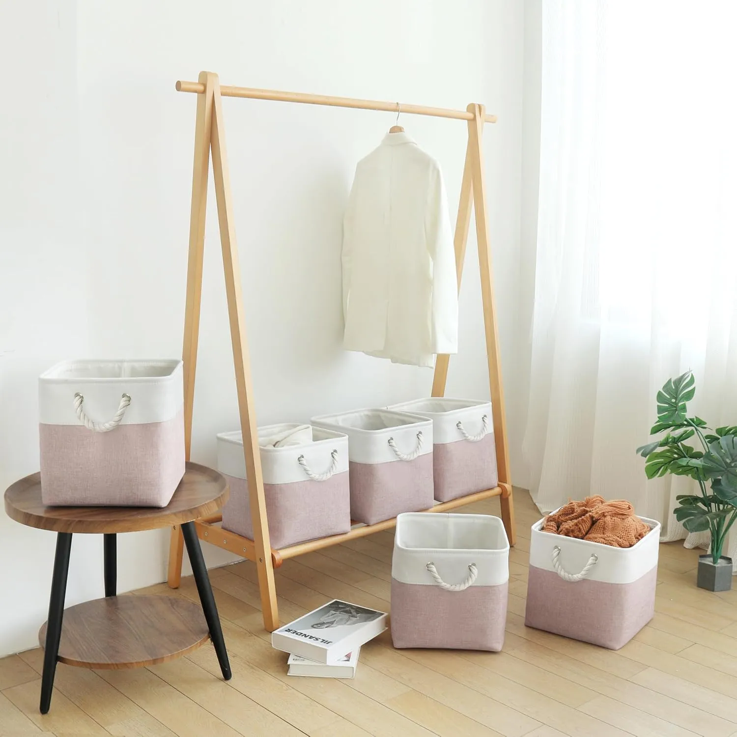 Cube Storage Bins, 6 Pack 11x11 inch with Cotton Handles for Closet, Shelves, Clothes, Toys, Towel (White/Pink)