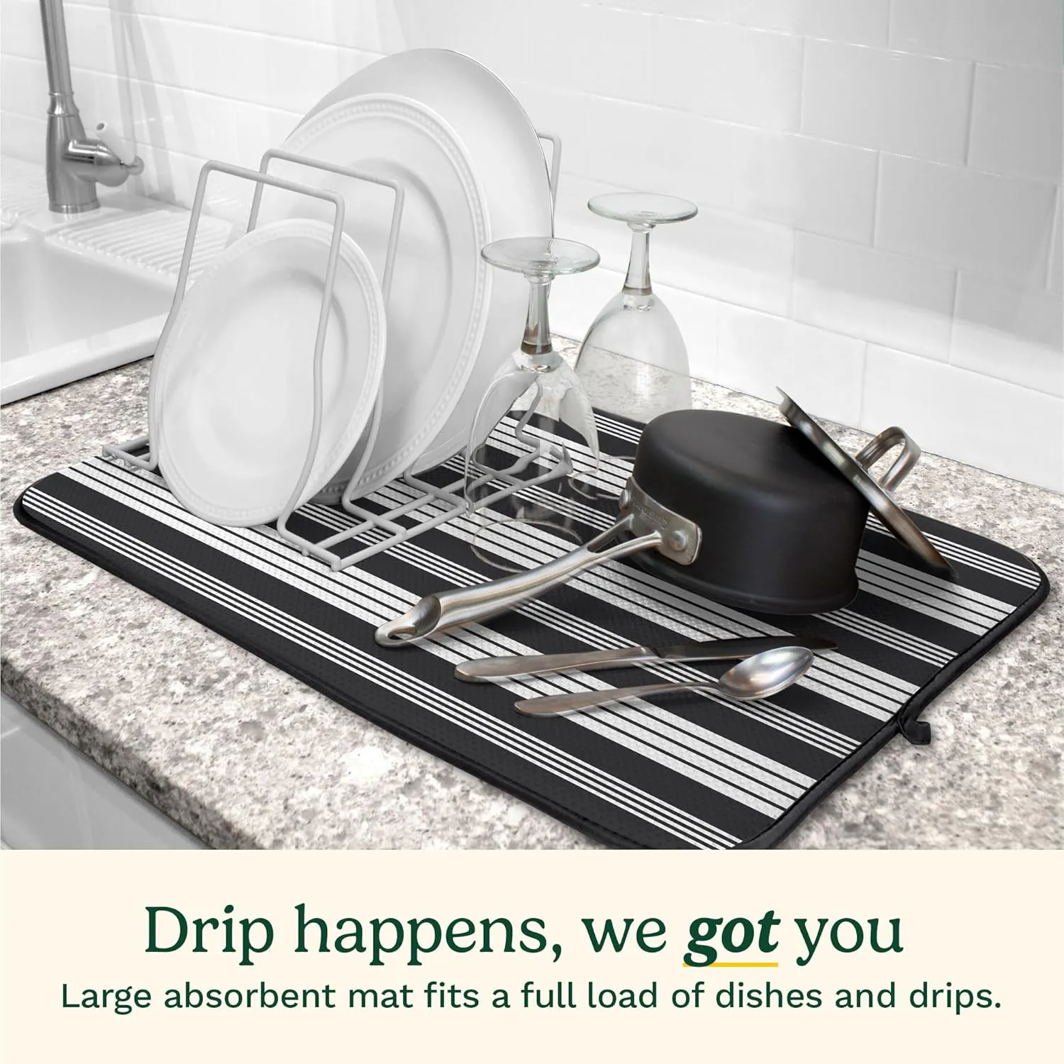 Cuisinart Dish Drying Mats for Kitchen Counter - (2) 16" x 18" Ultra Absorbent Kitchen Dish Drying Mat - Mesh Backing, Foldable, Machine Washable, Fast Drying Dish Mat (Solid Stripes)