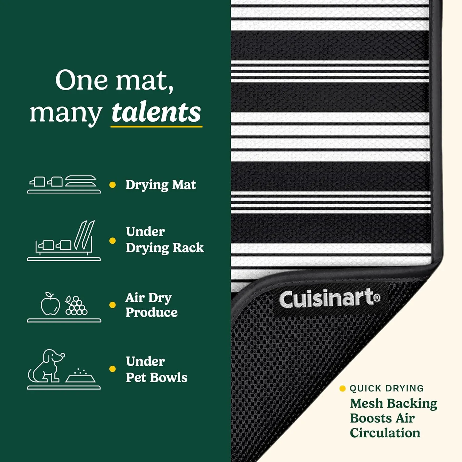 Cuisinart Dish Drying Mats for Kitchen Counter - (2) 16" x 18" Ultra Absorbent Kitchen Dish Drying Mat - Mesh Backing, Foldable, Machine Washable, Fast Drying Dish Mat (Solid Stripes)