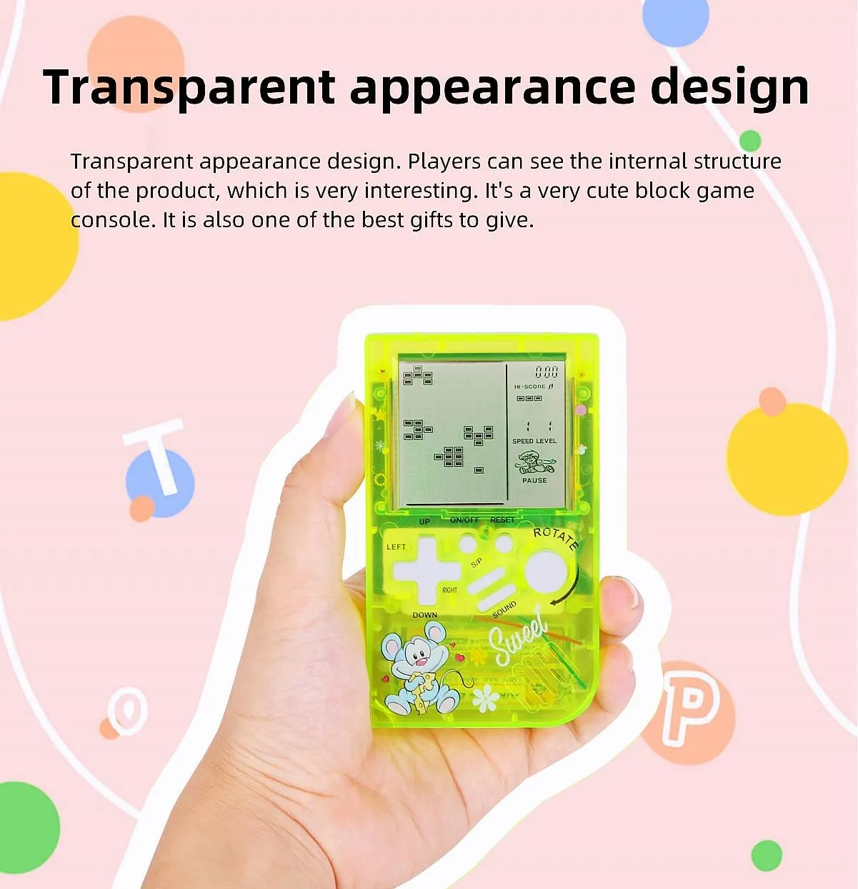 CZT Transparent Block Game Machine 23 Built-in Games Retro Children's Game Console Student Game Device Puzzle Handheld Console Electronic Brick Games Compact Portable Christmas Girl Gifts (Pink)