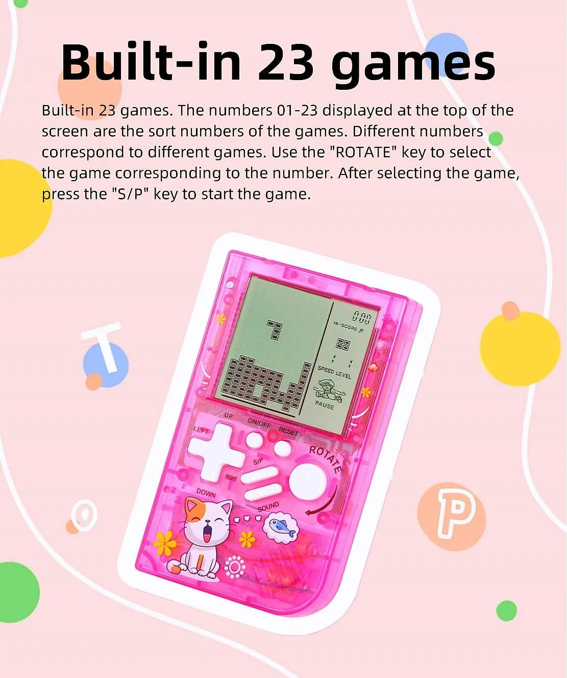 CZT Transparent Block Game Machine 23 Built-in Games Retro Children's Game Console Student Game Device Puzzle Handheld Console Electronic Brick Games Compact Portable Christmas Girl Gifts (Pink)