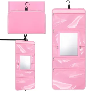 Dance Hanging Mirror Hanging Toiletry Bag with Mirror Travel Foldable Beauty Dance Makeup Bag Backstage Cosmetic Storage Organizer for Traveling Dancers Artists Home Spa(Pink)