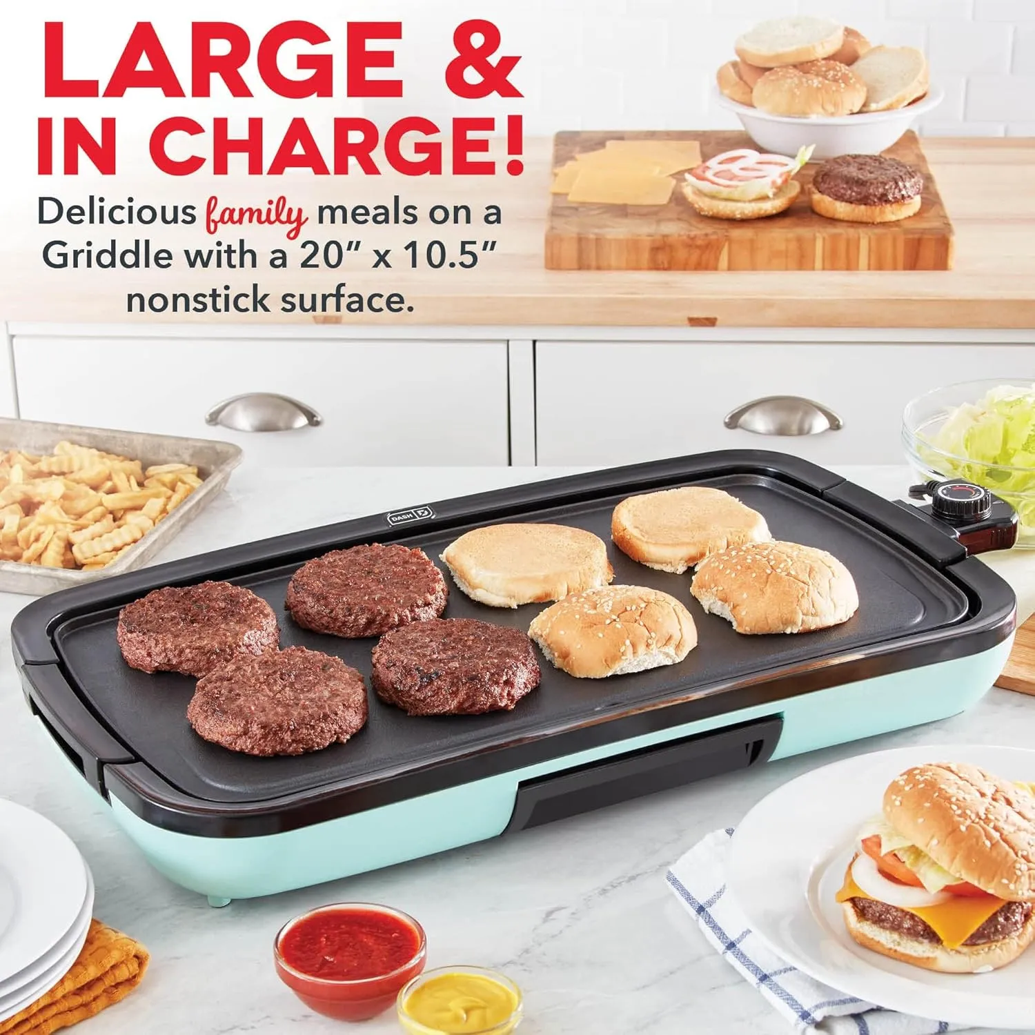 DASH Deluxe Everyday Electric Griddle with Dishwasher Safe Removable Nonstick Cooking Plate for Pancakes, Burgers, Eggs and more, Includes Drip Tray   Recipe Book, 20” x 10.5”, 1500-Watt - Aqua