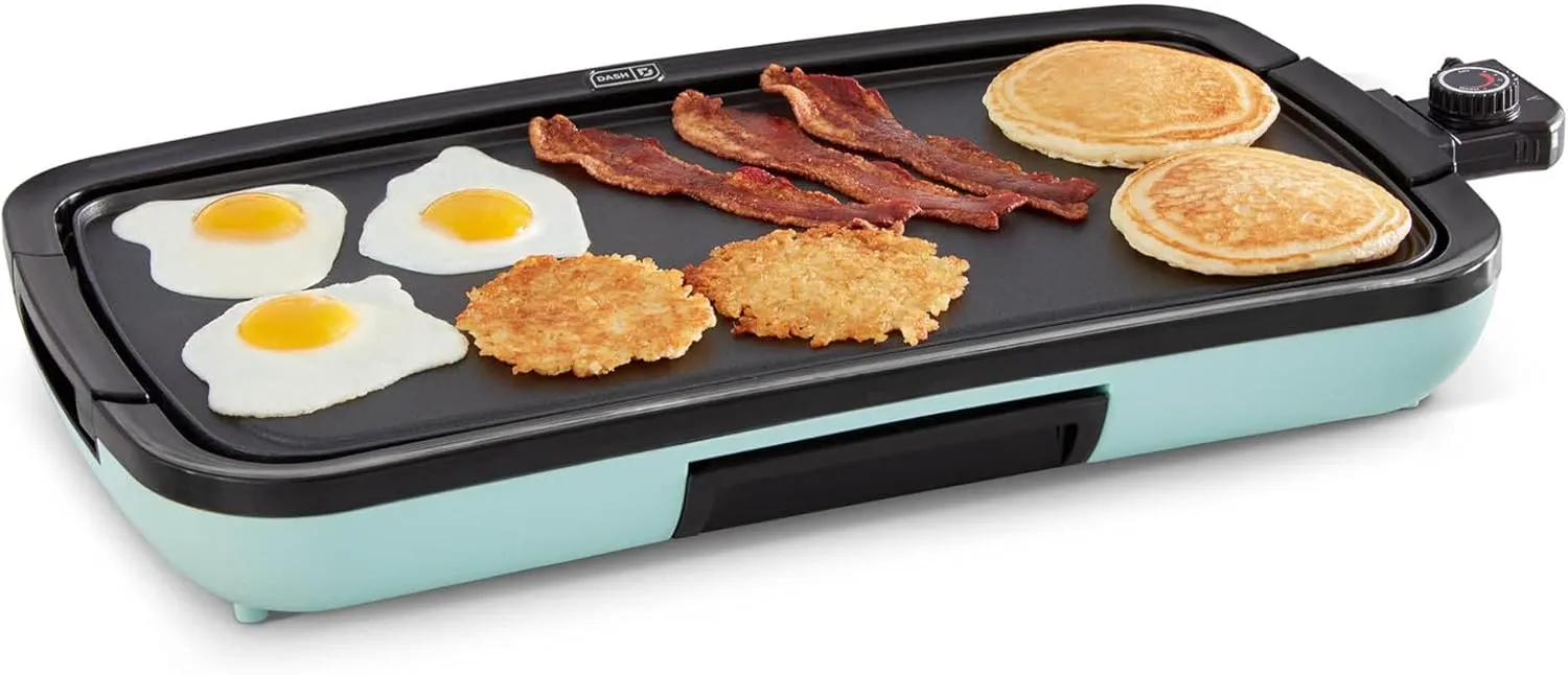 DASH Deluxe Everyday Electric Griddle with Dishwasher Safe Removable Nonstick Cooking Plate for Pancakes, Burgers, Eggs and more, Includes Drip Tray   Recipe Book, 20” x 10.5”, 1500-Watt - Aqua