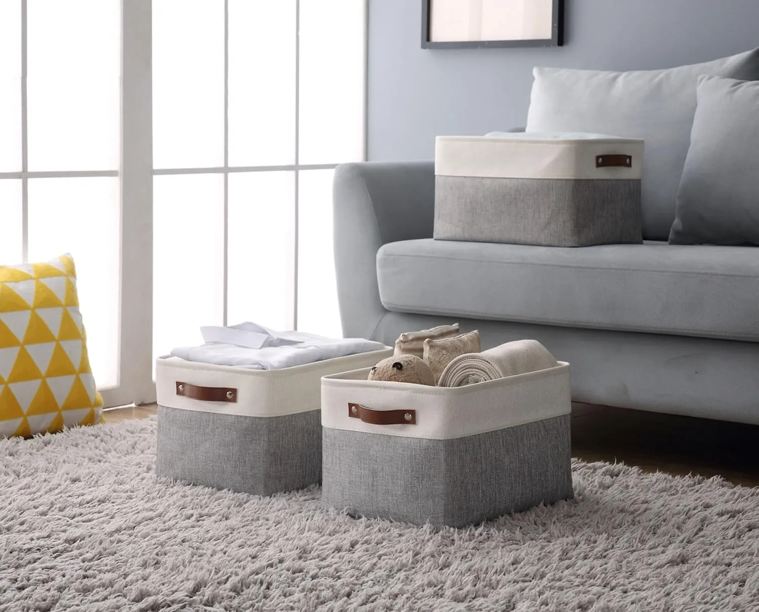 DECOMOMO Storage Bins Fabric Storage Baskets for Shelves, Linen Closet Organization Toys Nursery (Grey and White, Large - 3 Pack)