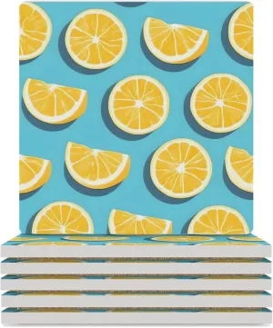 Decorative 6PCS Coaster Set Lemon Wedges Printed Square Ceramic Coasters with Cork Bottom Stone Coasters Drink Coasters for Room Kitchen Bar Party Decor