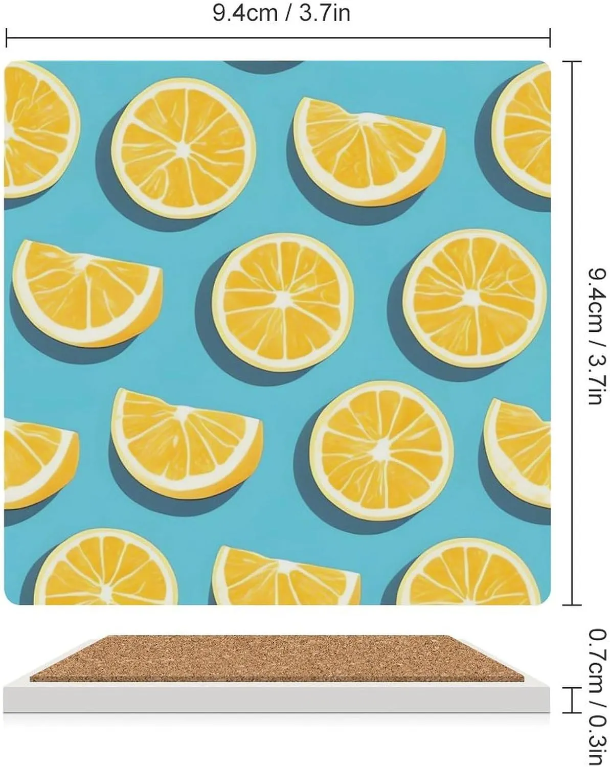 Decorative 6PCS Coaster Set Lemon Wedges Printed Square Ceramic Coasters with Cork Bottom Stone Coasters Drink Coasters for Room Kitchen Bar Party Decor